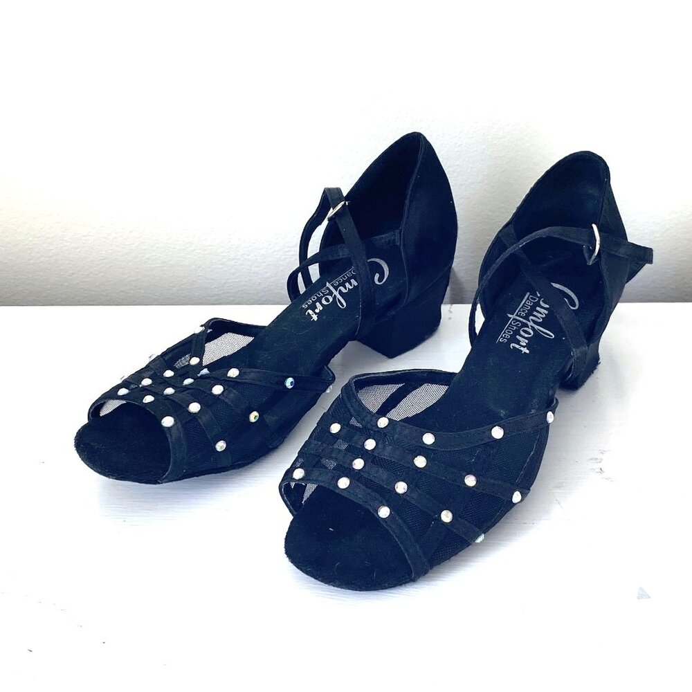 Black Ballroom Dance Rhinestone Cross-strap Shoes by Comfort Women’s 5 ½ Narrow